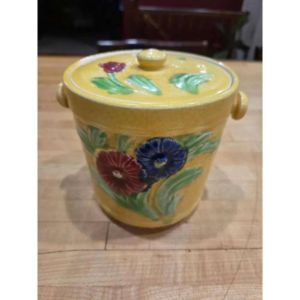 Vintage Japanese Majolica Floral Yellow Lidded Cookie Jar Biscuit Crock 6 Inch
